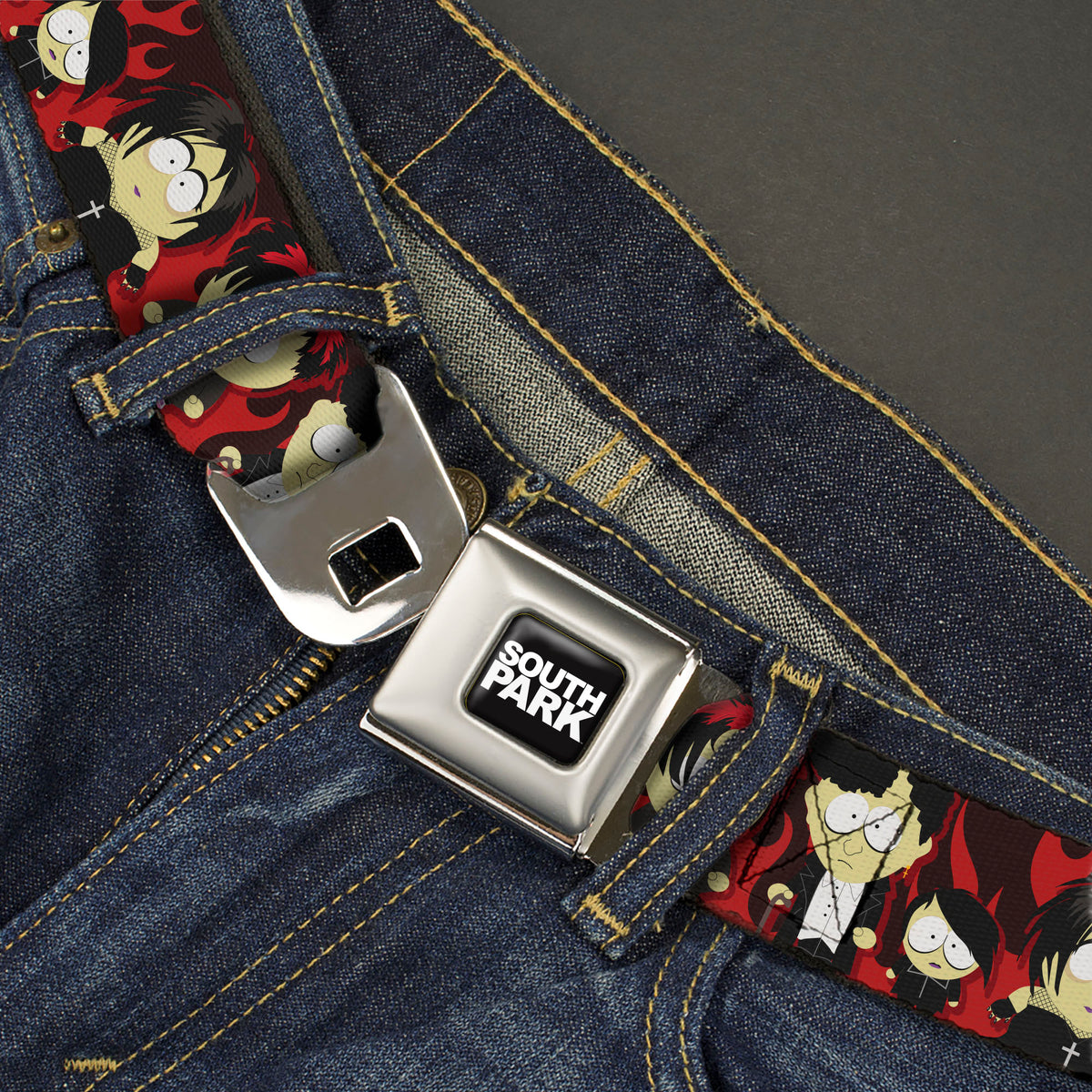 SOUTH PARK Title Logo Full Color Black/White Seatbelt Belt - South Park Goth Kids Poses Flame Reds Webbing Seatbelt Belts South Park