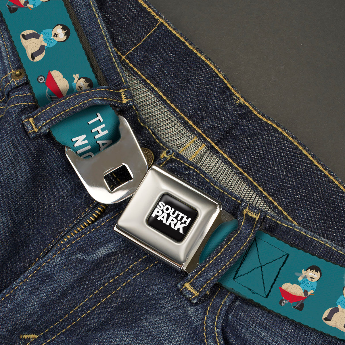 SOUTH PARK Title Logo Full Color Black/White Seatbelt Belt - South Park Randy Marsh THAT IS NICE Big Balls Poses Blue Webbing Seatbelt Belts South Park