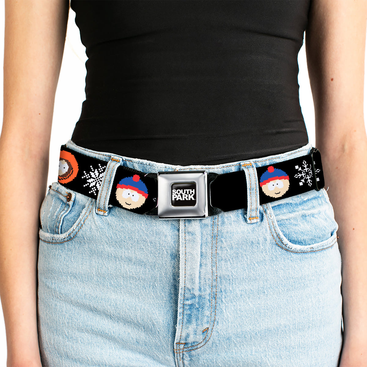 SOUTH PARK Title Logo Full Color Black/White Seatbelt Belt - South Park Boys Ugly Christmas Sweater Faces Black Webbing Seatbelt Belts South Park