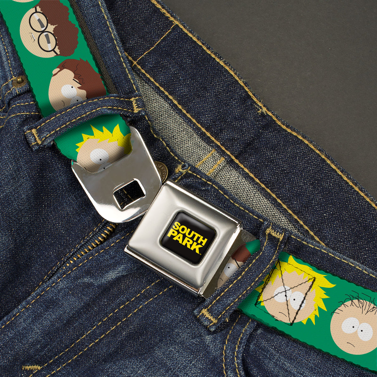 SOUTH PARK Title Logo Full Color Black/Yellow Seatbelt Belt - South Park Kids Faces Green Webbing Seatbelt Belts South Park