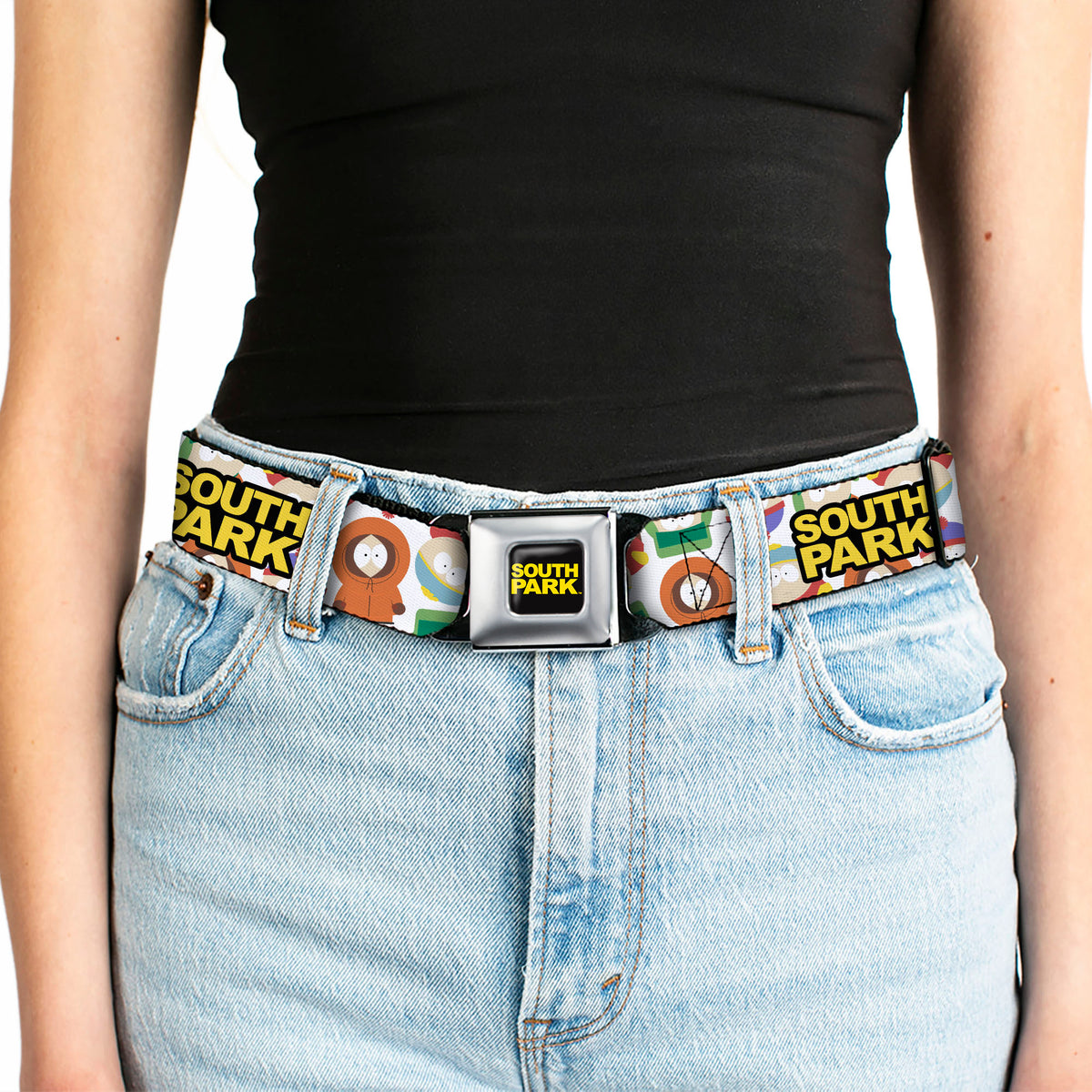 SOUTH PARK Title Logo Full Color Black/Yellow Seatbelt Belt - SOUTH PARK Title Logo and Characters Scattered White Webbing Seatbelt Belts South Park