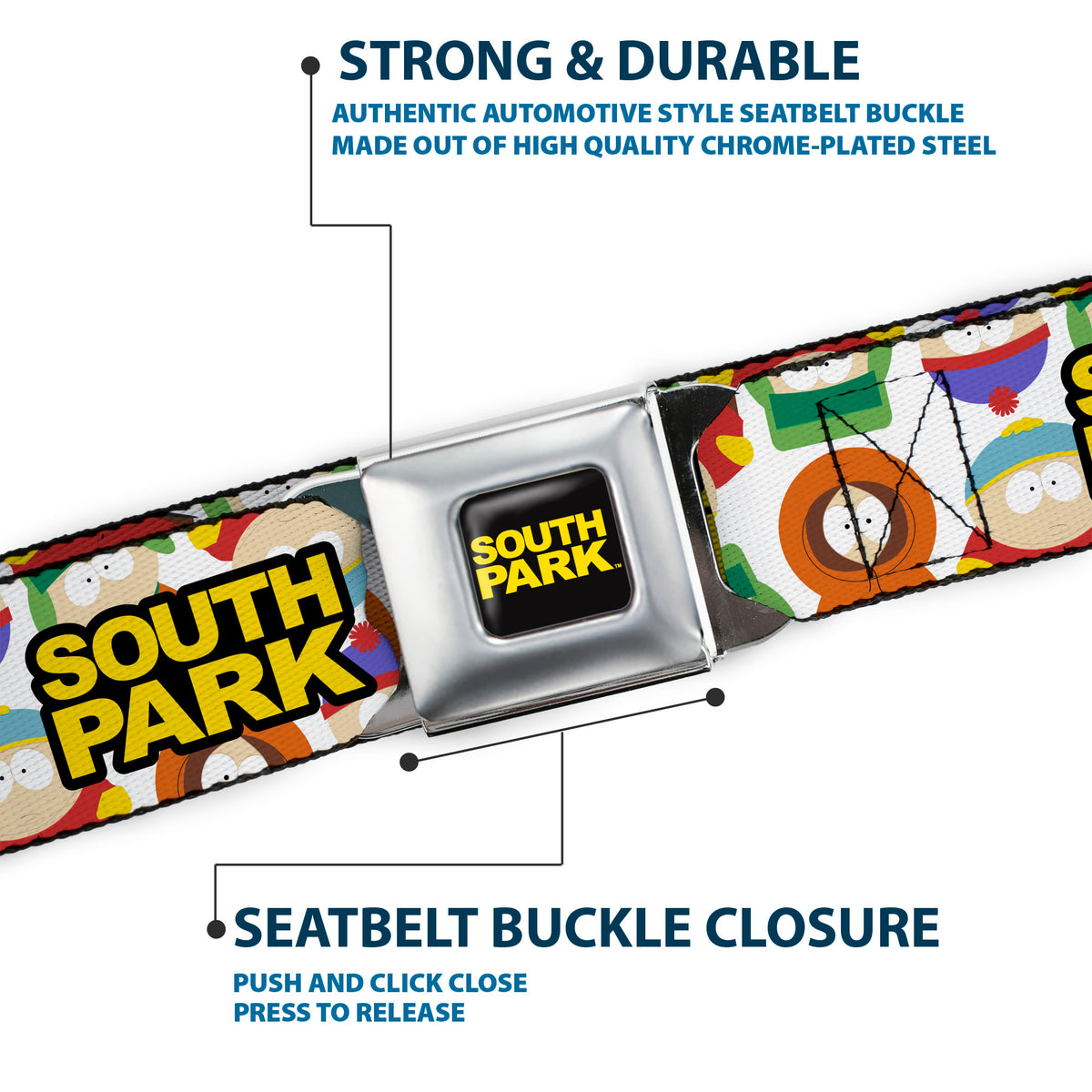 SOUTH PARK Title Logo Full Color Black/Yellow Seatbelt Belt - SOUTH PARK Title Logo and Characters Scattered White Webbing Seatbelt Belts South Park