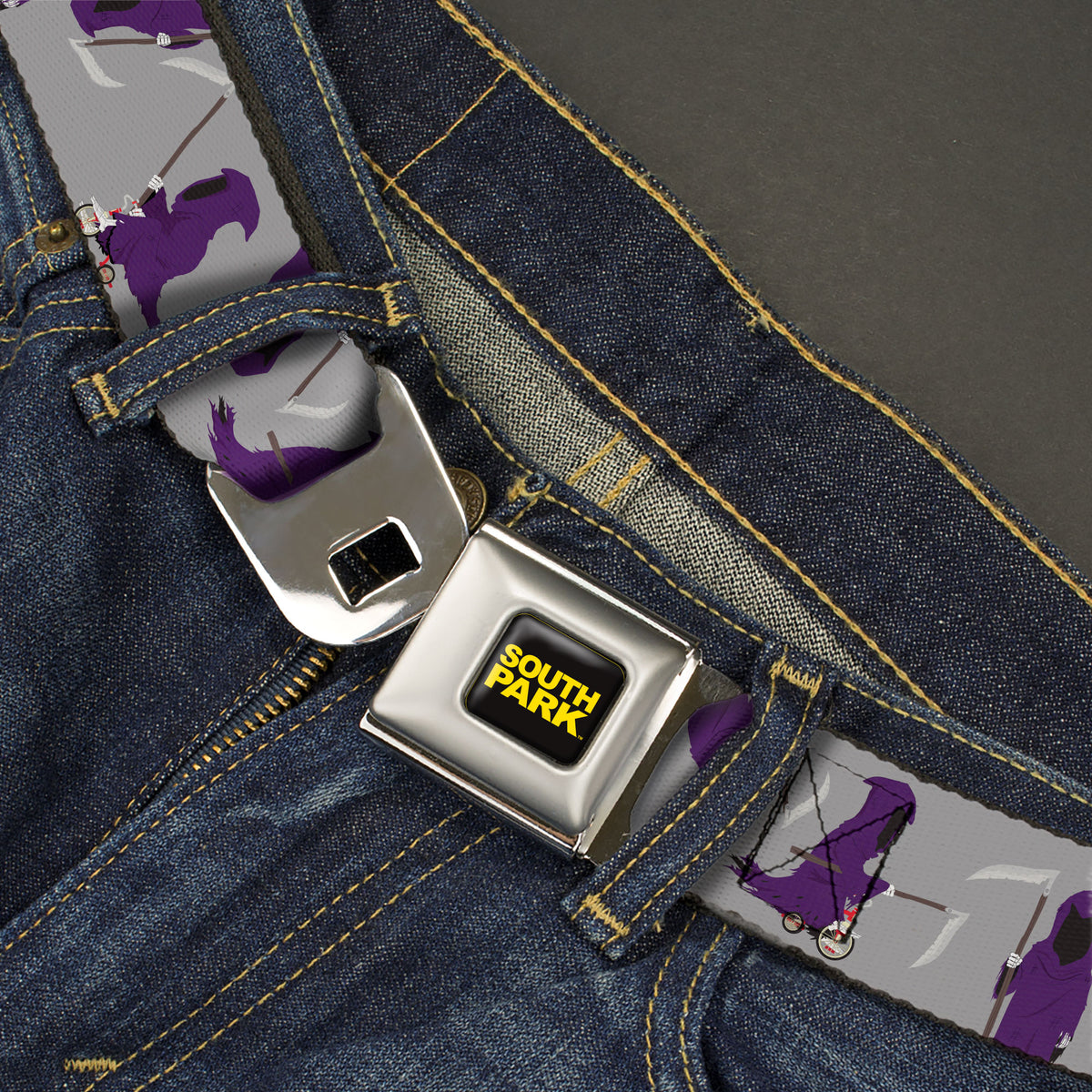 SOUTH PARK Title Logo Full Color Black/Yellow Seatbelt Belt - South Park Death Poses Scattered Gray Webbing Seatbelt Belts South Park