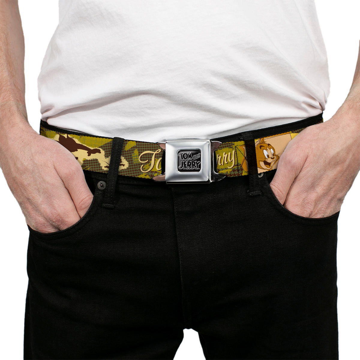 Tom and Jerry Black/Silver Seatbelt Belt - TOM & JERRY Tom Chasing Jerry Houndstooth Browns Webbing Seatbelt Belts Tom and Jerry
