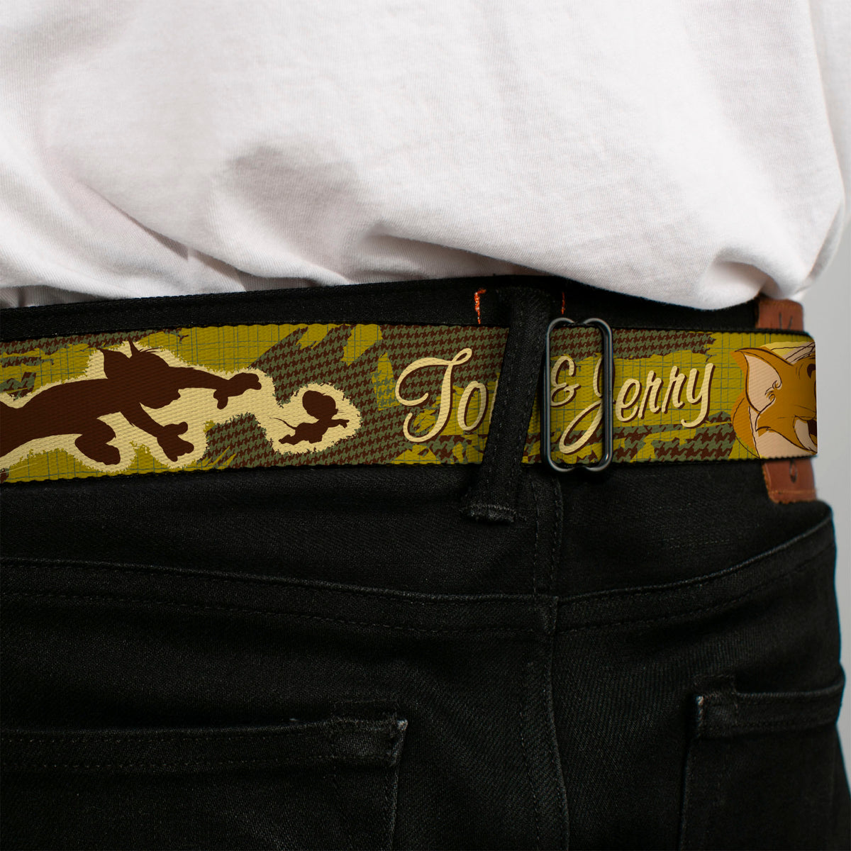 Tom and Jerry Black/Silver Seatbelt Belt - TOM & JERRY Tom Chasing Jerry Houndstooth Browns Webbing Seatbelt Belts Tom and Jerry