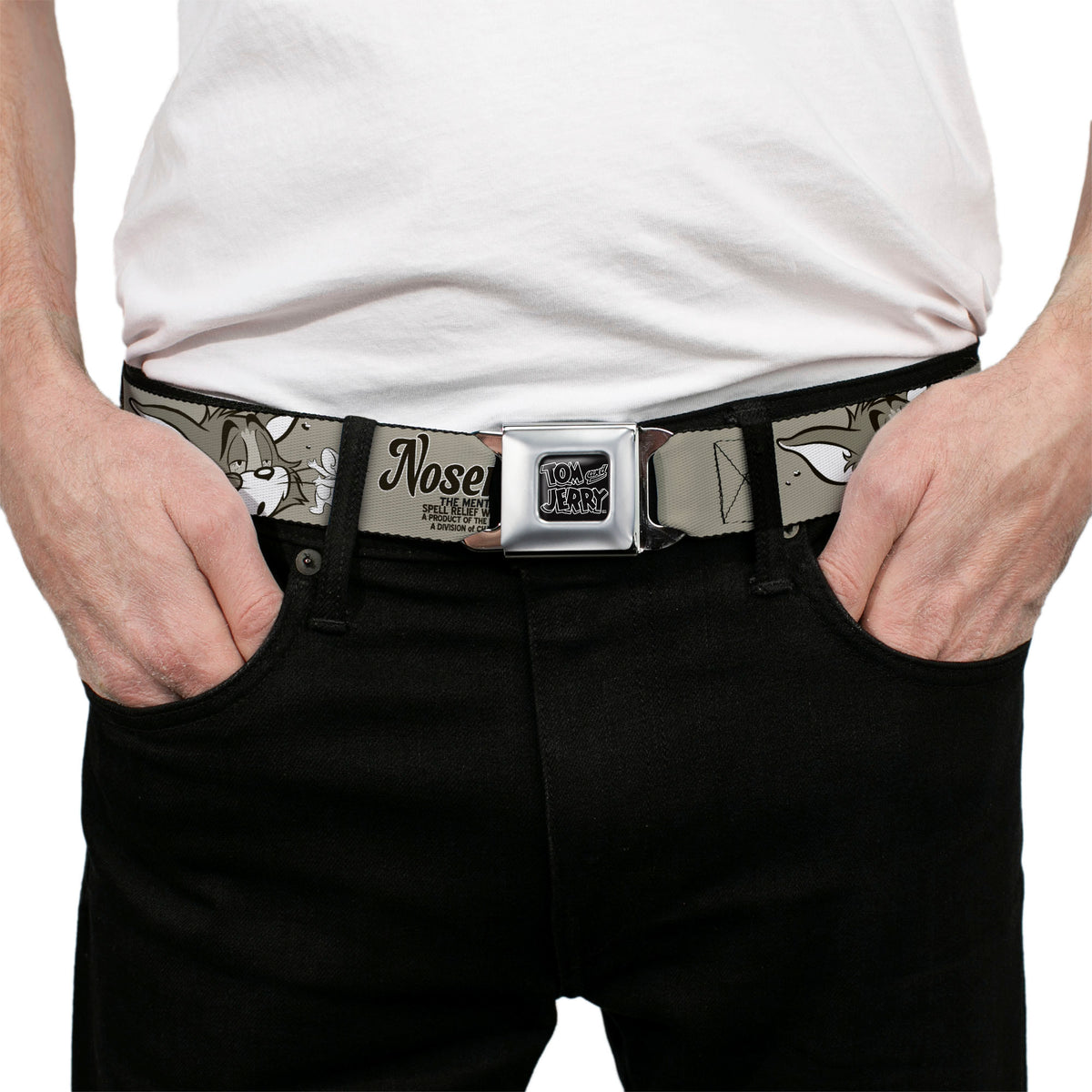 Tom and Jerry Logo Full Color Black Red Seatbelt Belt - Tom & Jerry NOSENATOL THE MENTAL LAXATIVE Grays/White/Black Webbing Seatbelt Belts Tom and Jerry