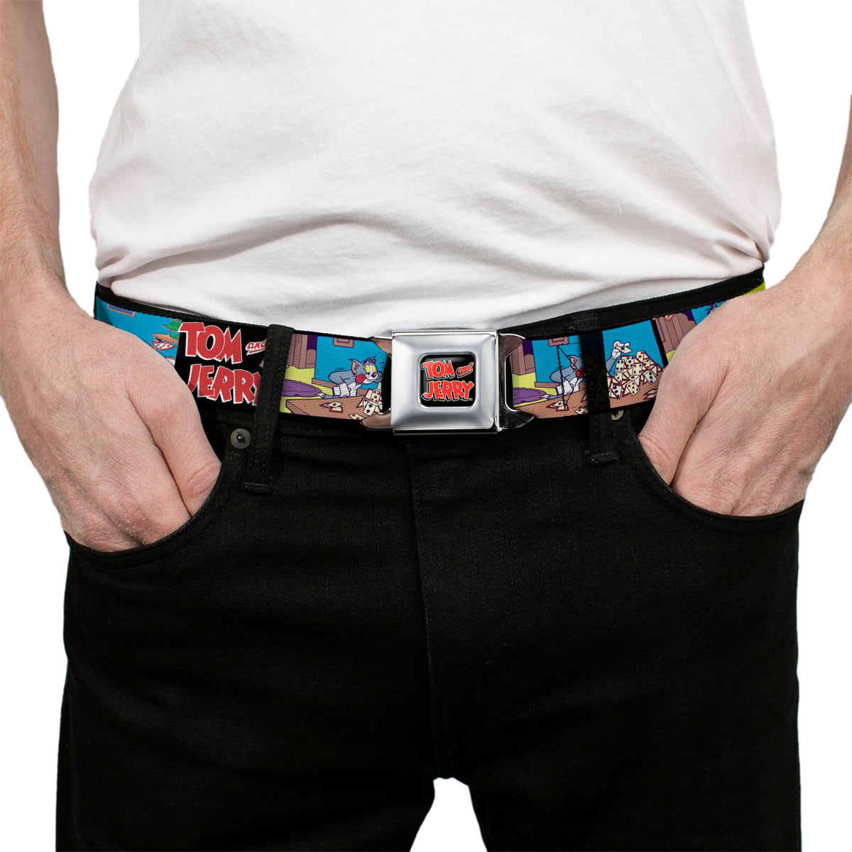 Tom and Jerry Logo Full Color Black/Red Seatbelt Belt - TOM & JERRY House of Cards Panels Webbing Seatbelt Belts Tom and Jerry