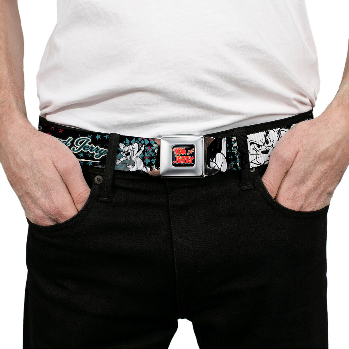 Tom and Jerry Logo Full Color Black Red Seatbelt Belt - TOM & JERRY Face & Pose Sketch Black/White/Red/Blue Webbing Seatbelt Belts Tom and Jerry