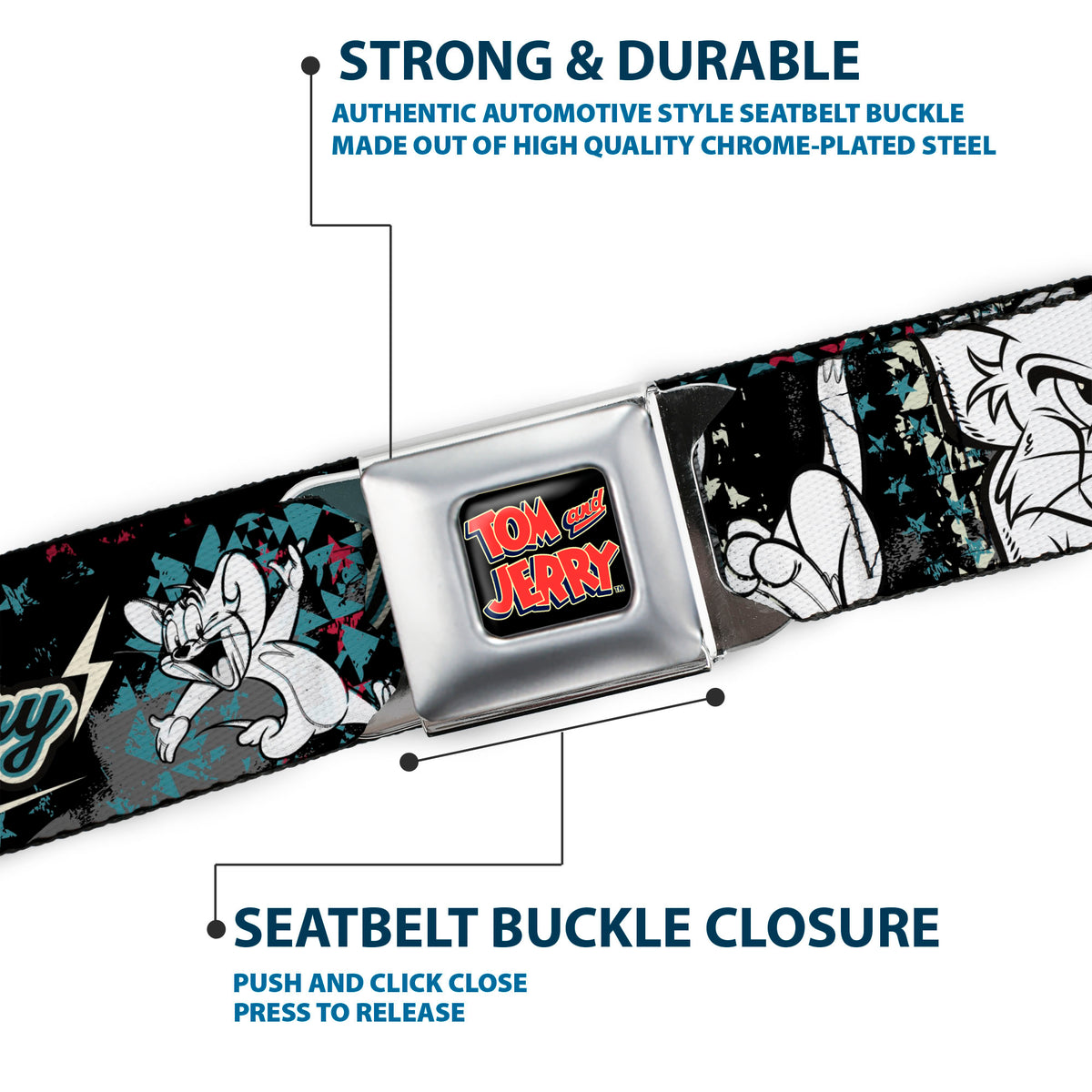 Tom and Jerry Logo Full Color Black Red Seatbelt Belt - TOM & JERRY Face & Pose Sketch Black/White/Red/Blue Webbing Seatbelt Belts Tom and Jerry