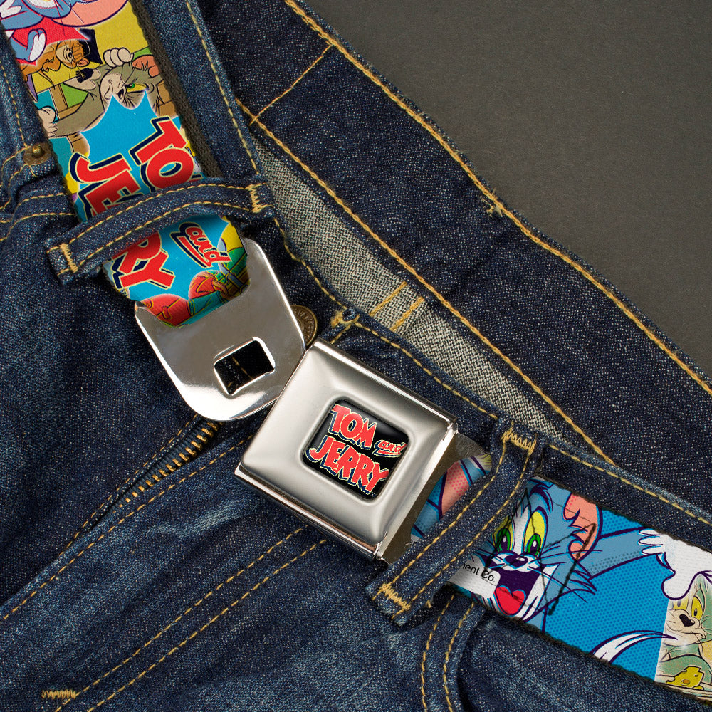 Tom and Jerry Logo Full Color Black Red Seatbelt Belt - TOM & JERRY Faces/Stacked Scene Panels Webbing Seatbelt Belts Tom and Jerry