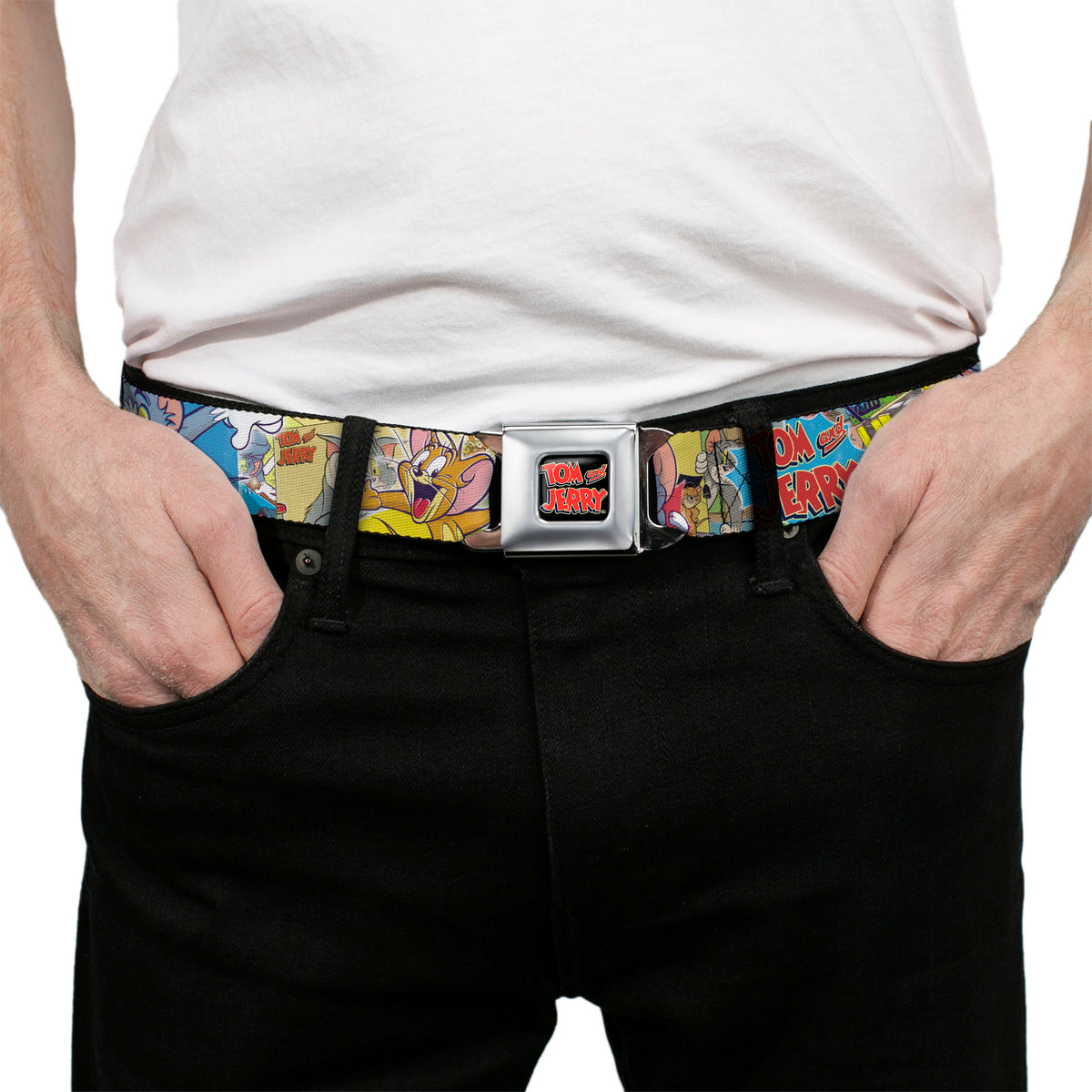 Tom and Jerry Logo Full Color Black Red Seatbelt Belt - TOM & JERRY Faces/Stacked Scene Panels Webbing Seatbelt Belts Tom and Jerry