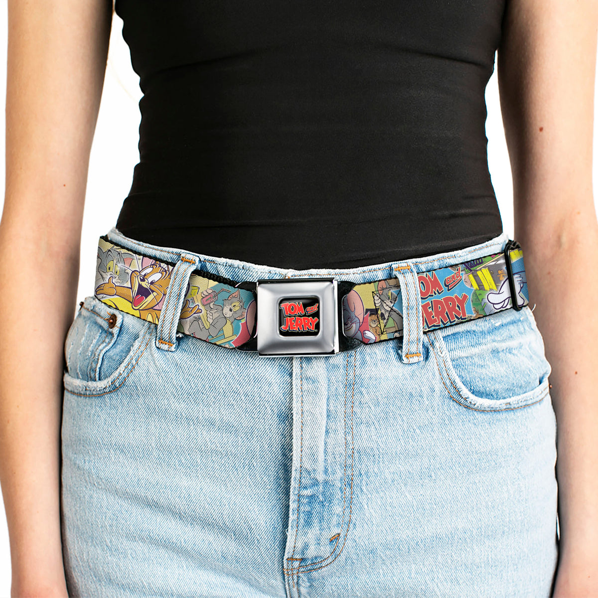 Tom and Jerry Logo Full Color Black Red Seatbelt Belt - TOM & JERRY Faces/Stacked Scene Panels Webbing Seatbelt Belts Tom and Jerry