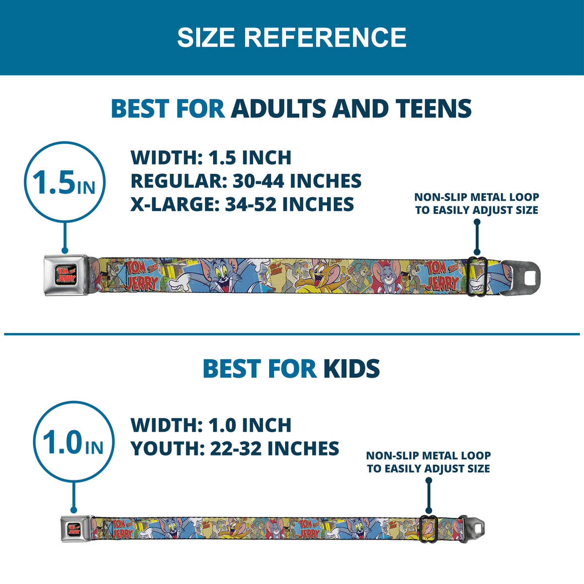Tom and Jerry Logo Full Color Black Red Seatbelt Belt - TOM & JERRY Faces/Stacked Scene Panels Webbing Seatbelt Belts Tom and Jerry