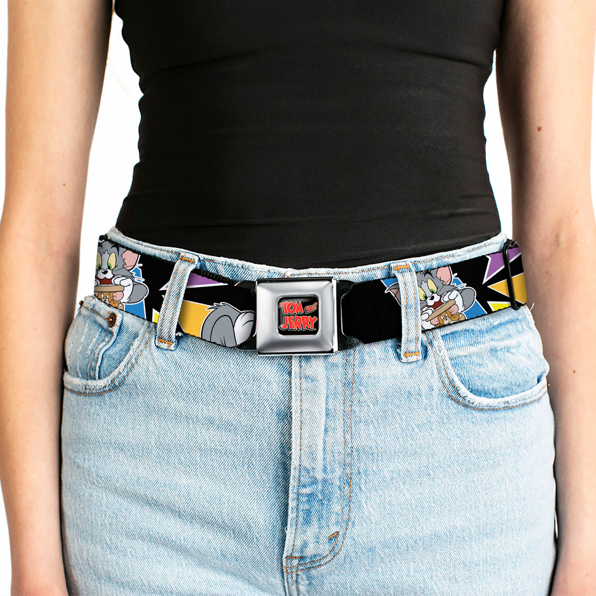 Tom and Jerry Logo Full Color Black Red Seatbelt Belt - TOM & JERRY Poses Black/Multi Color Webbing Seatbelt Belts Tom and Jerry