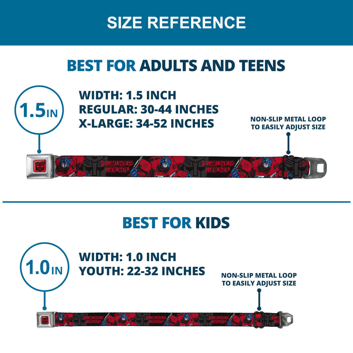 Transformers Autobots Icon Full Color Red/Black Seatbelt Belt - Transformers Generations Optimus Prime Pose and Autobot Icon Black/Gray/Red Webbing Seatbelt Belts Hasbro