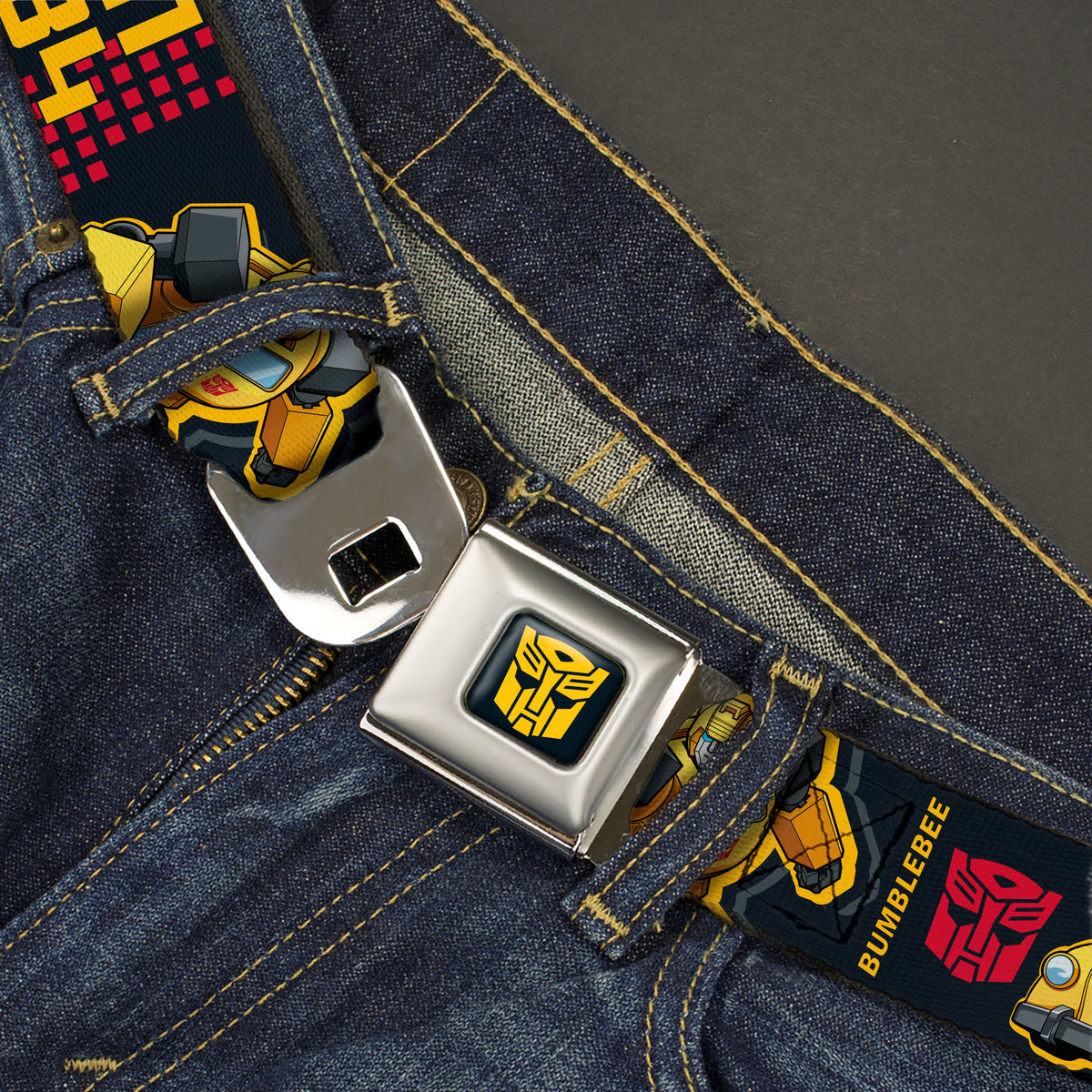 Transformers Autobots Icon Full Color Black/Yellow Seatbelt Belt - Transformers Generations BUMBLEBEE G1 84 Poses Autobot Icon Black/Yellows/Red Webbing Seatbelt Belts Hasbro