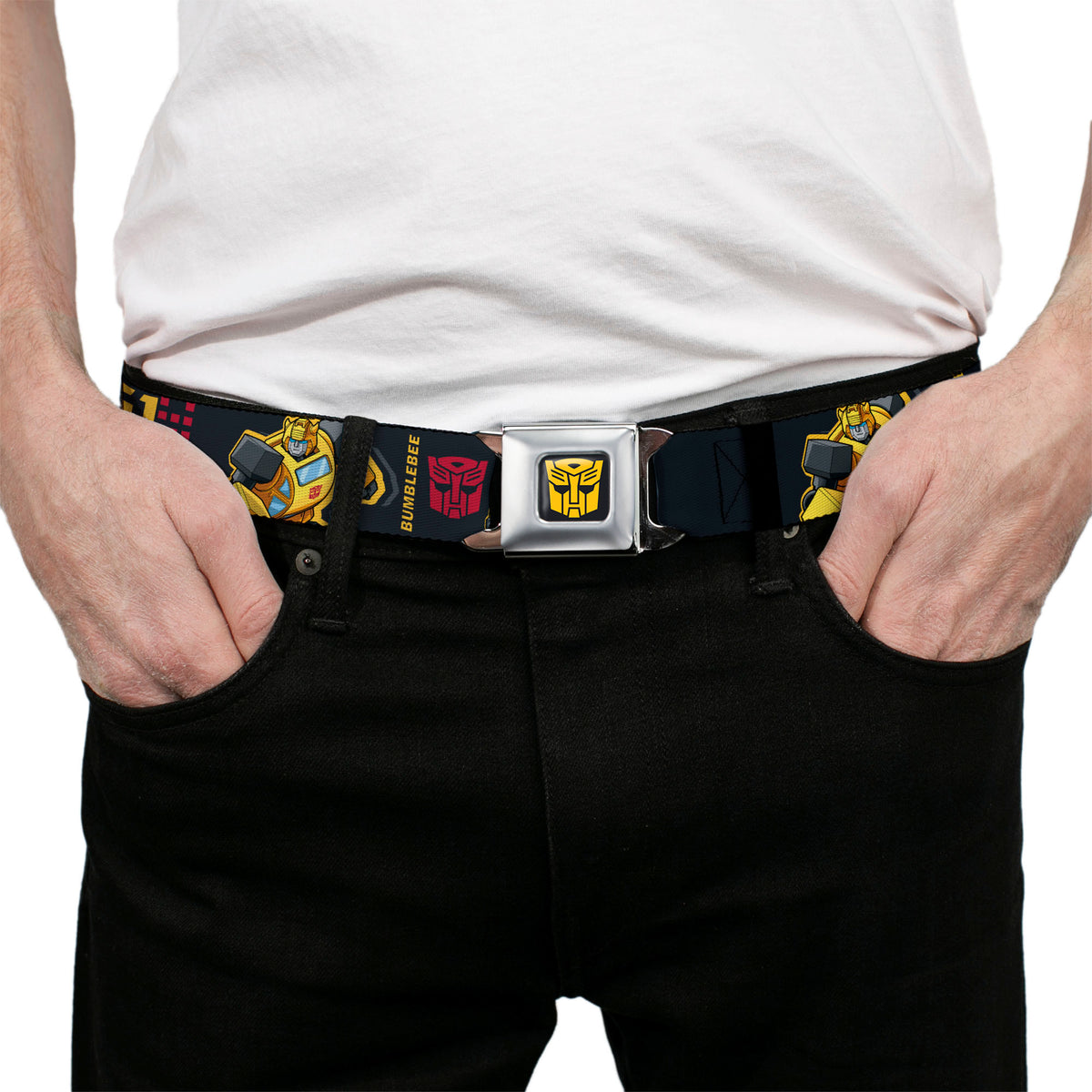 Transformers Autobots Icon Full Color Black/Yellow Seatbelt Belt - Transformers Generations BUMBLEBEE G1 84 Poses Autobot Icon Black/Yellows/Red Webbing Seatbelt Belts Hasbro