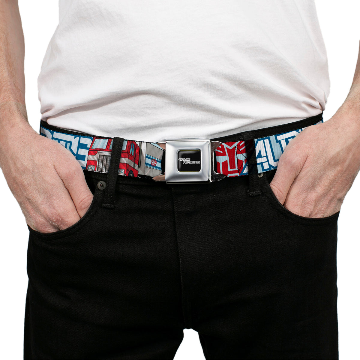 TRANSFORMERS Title Logo Full Color Black/White Seatbelt Belt - Transformers AUTOBOTS Optimus Prime Semi Truck Collage Light Blue Webbing Seatbelt Belts Hasbro