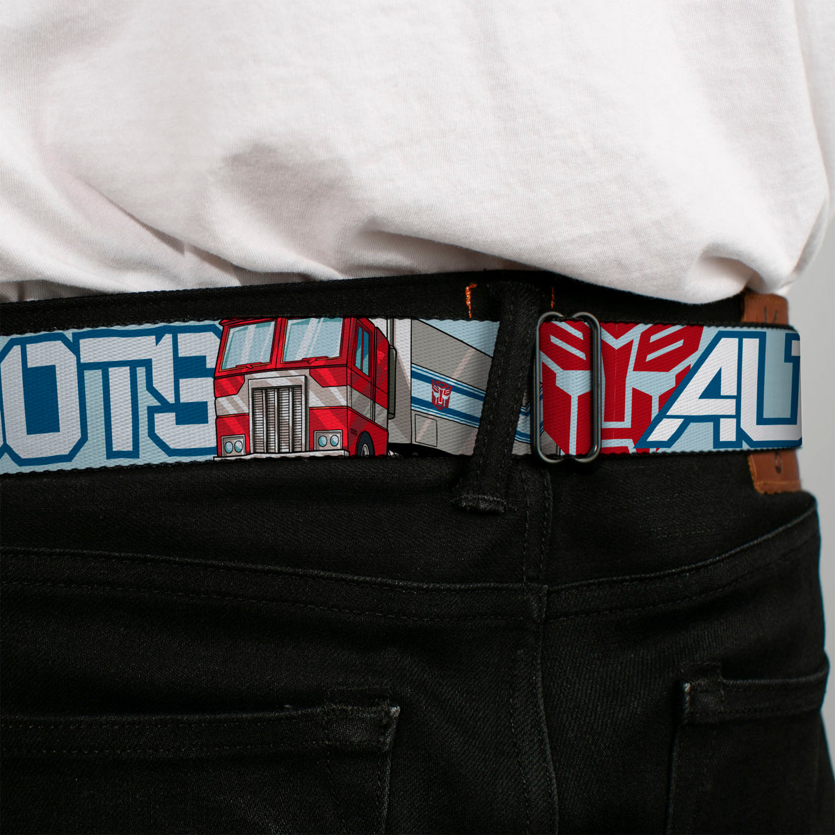 TRANSFORMERS Title Logo Full Color Black/White Seatbelt Belt - Transformers AUTOBOTS Optimus Prime Semi Truck Collage Light Blue Webbing Seatbelt Belts Hasbro