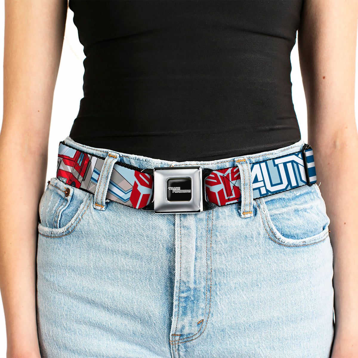 TRANSFORMERS Title Logo Full Color Black/White Seatbelt Belt - Transformers AUTOBOTS Optimus Prime Semi Truck Collage Light Blue Webbing Seatbelt Belts Hasbro