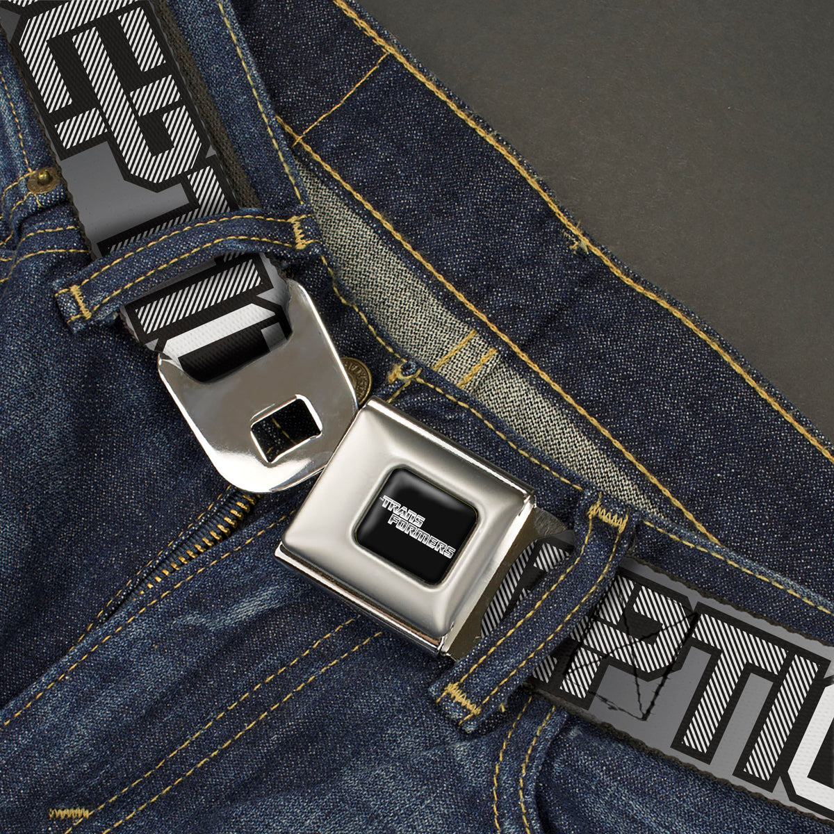 TRANSFORMERS Title Logo Full Color Black/White Seatbelt Belt - Transformers AUTOBOTS DECEPTICONS Shield and Text Grays/Black/White Webbing Seatbelt Belts Hasbro