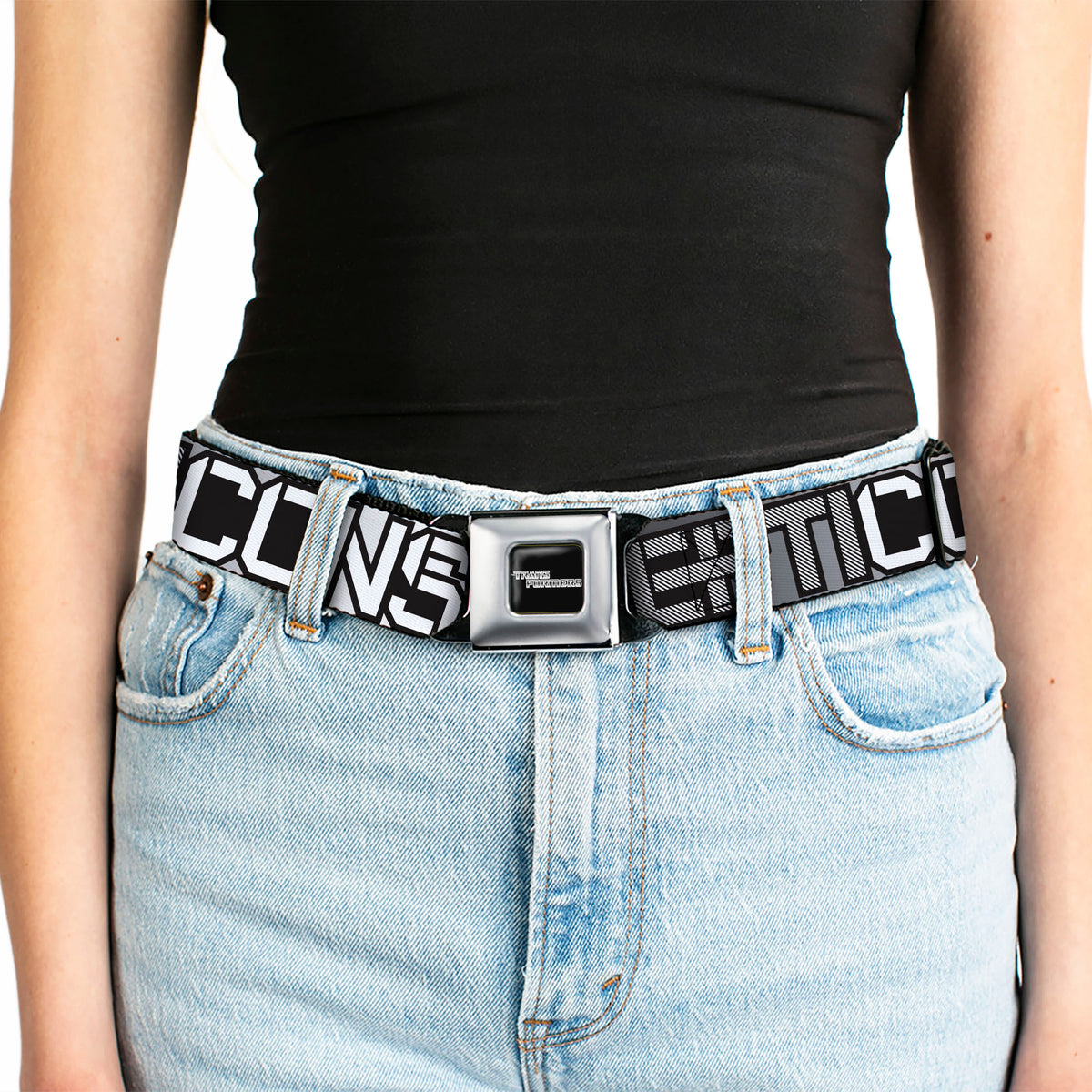 TRANSFORMERS Title Logo Full Color Black/White Seatbelt Belt - Transformers AUTOBOTS DECEPTICONS Shield and Text Grays/Black/White Webbing Seatbelt Belts Hasbro