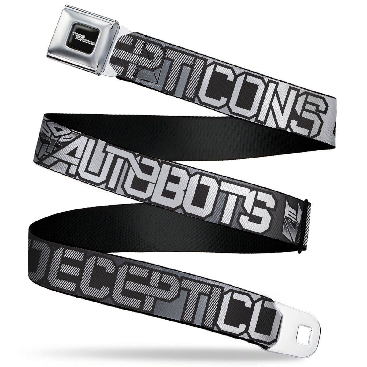TRANSFORMERS Title Logo Full Color Black/White Seatbelt Belt - Transformers AUTOBOTS DECEPTICONS Shield and Text Grays/Black/White Webbing Seatbelt Belts Hasbro
