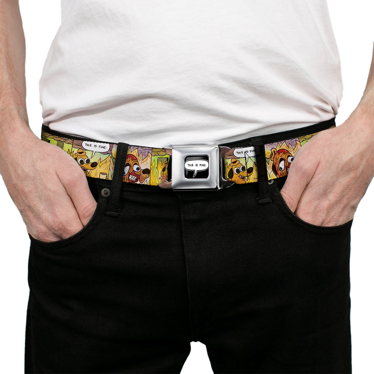 THIS IS FINE Quote Bubble Full Color Black/White Seatbelt Belt - THIS IS FINE Question Hound Cafe Fire Comic Strip Blocks Webbing Seatbelt Belts This is Fine