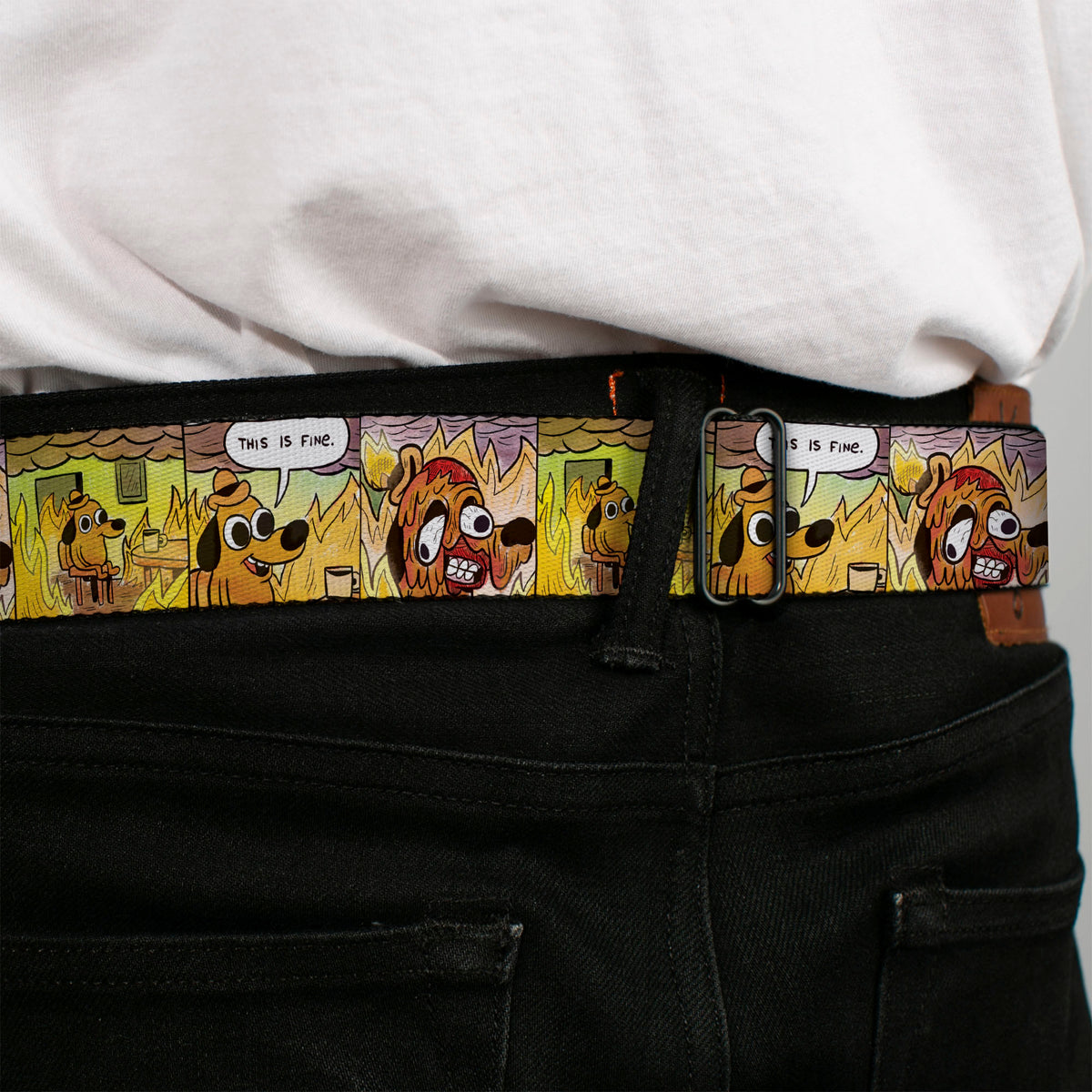 THIS IS FINE Quote Bubble Full Color Black/White Seatbelt Belt - THIS IS FINE Question Hound Cafe Fire Comic Strip Blocks Webbing Seatbelt Belts This is Fine