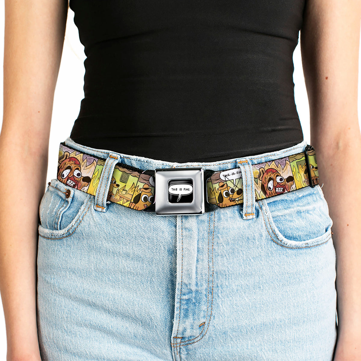 THIS IS FINE Quote Bubble Full Color Black/White Seatbelt Belt - THIS IS FINE Question Hound Cafe Fire Comic Strip Blocks Webbing Seatbelt Belts This is Fine