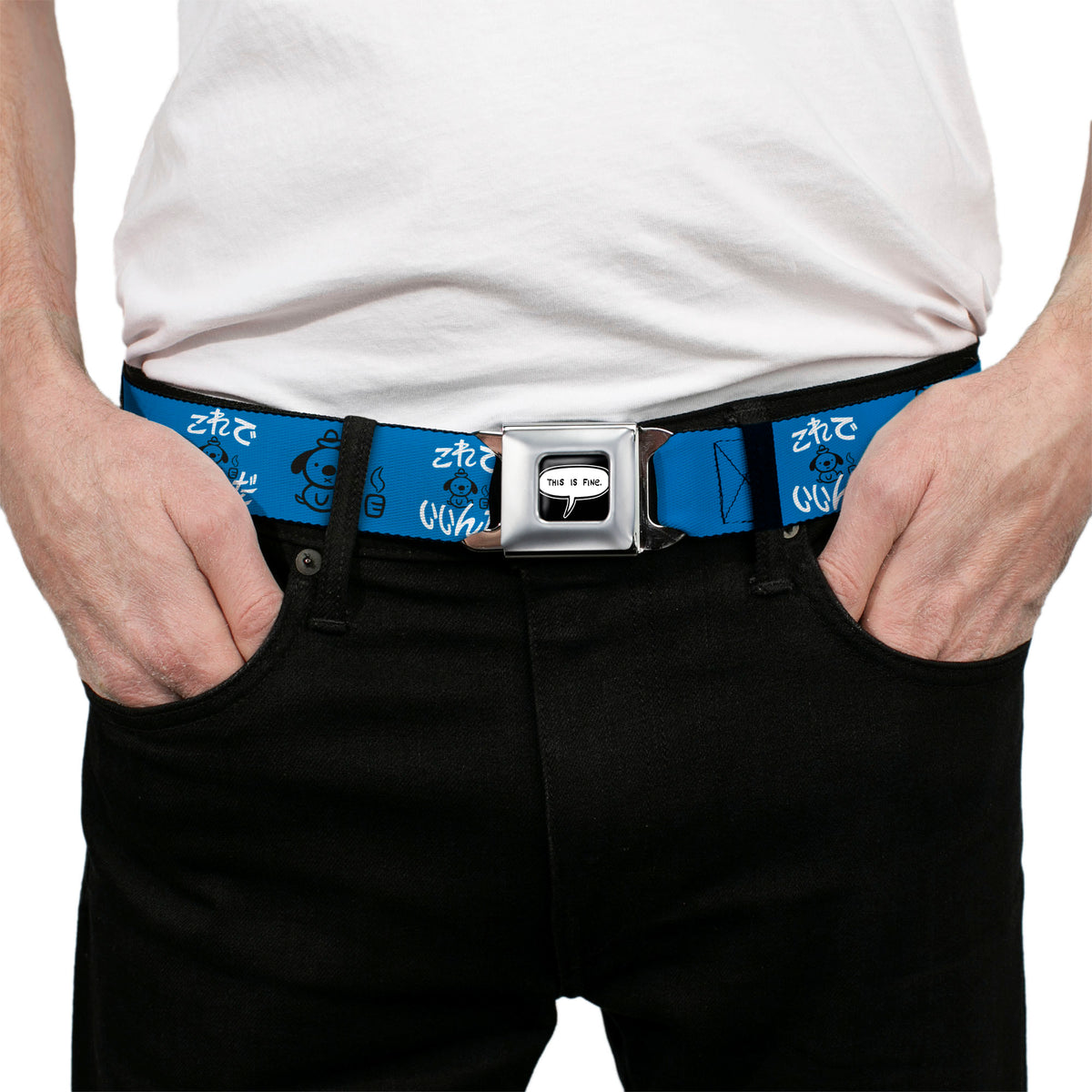 THIS IS FINE Quote Bubble Full Color Black/White Seatbelt Belt - This is Fine Japanese Question Hound Flame Blue/Black/White Webbing Seatbelt Belts This is Fine
