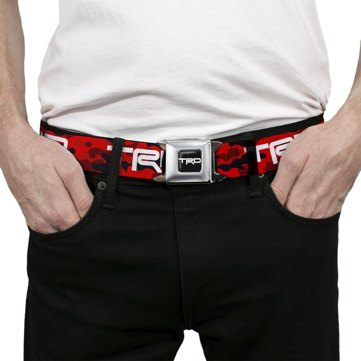 Toyota Racing Development TRD Logo Full Color Black/White Seatbelt Belt - Toyota Racing Development TRD Logo Camo Reds/White Webbing Seatbelt Belts Toyota