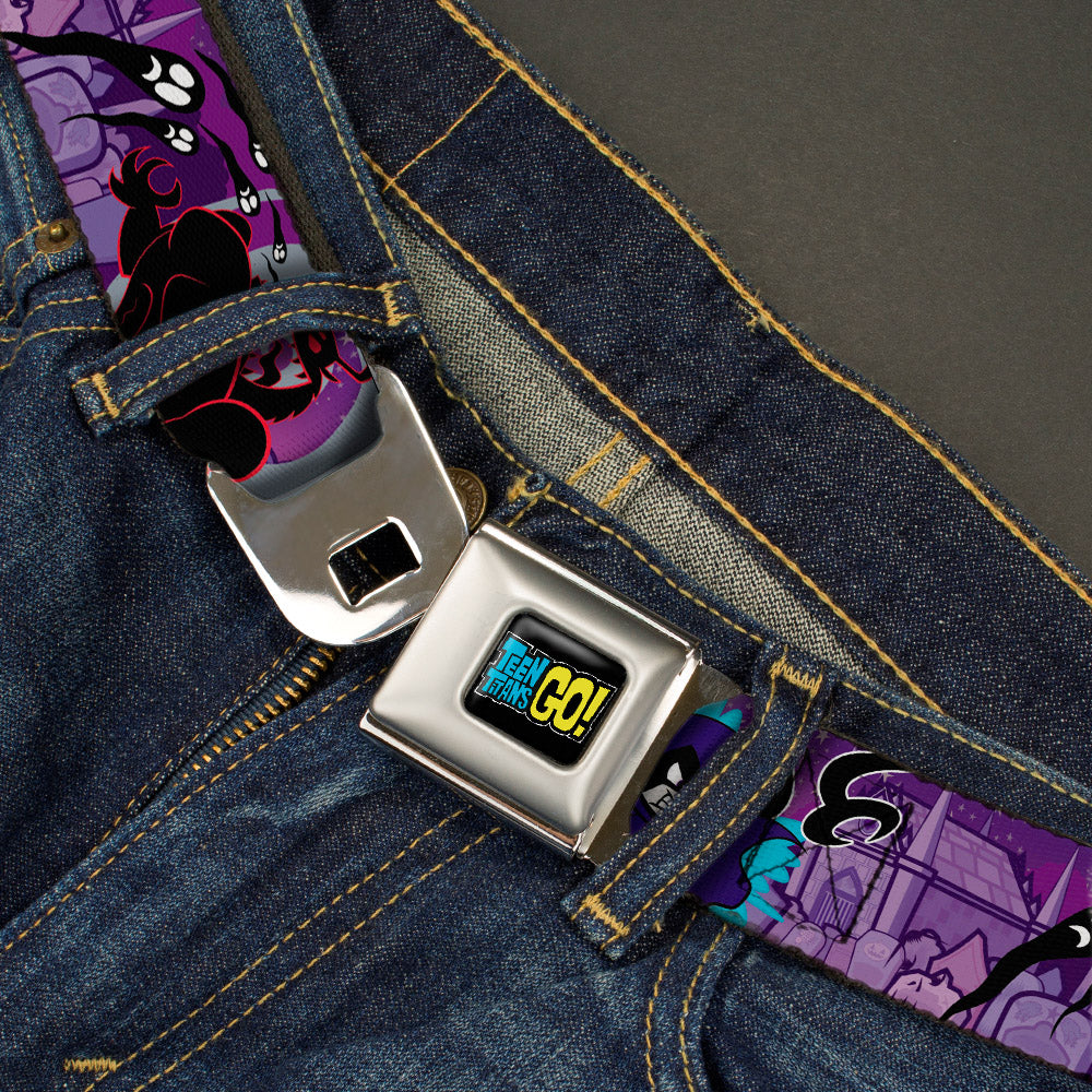 TEEN TITANS GO! Full Color Black Blue Yellow Seatbelt Belt - RAVEN/Trigon/Ghosts Cemetery Poses Purples Webbing Seatbelt Belts DC Comics