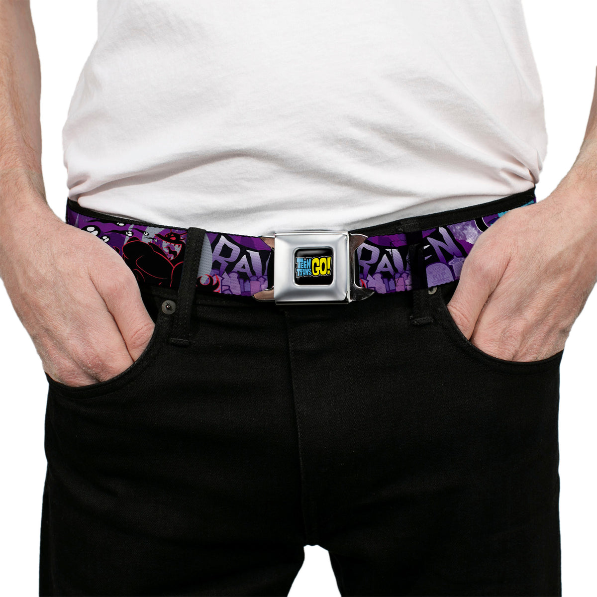 TEEN TITANS GO! Full Color Black Blue Yellow Seatbelt Belt - RAVEN/Trigon/Ghosts Cemetery Poses Purples Webbing Seatbelt Belts DC Comics