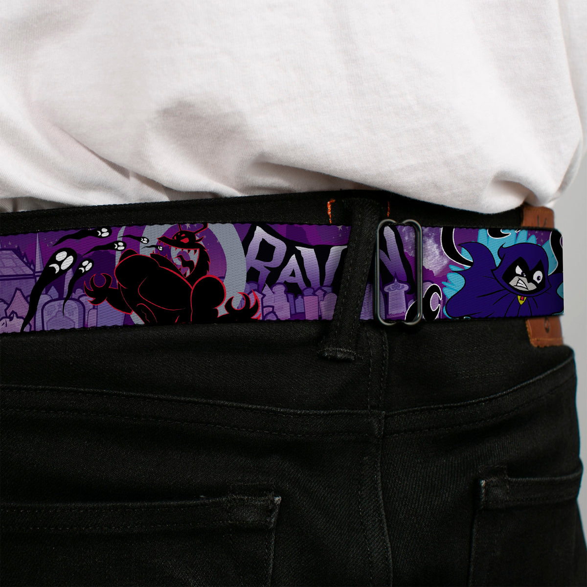 TEEN TITANS GO! Full Color Black Blue Yellow Seatbelt Belt - RAVEN/Trigon/Ghosts Cemetery Poses Purples Webbing Seatbelt Belts DC Comics