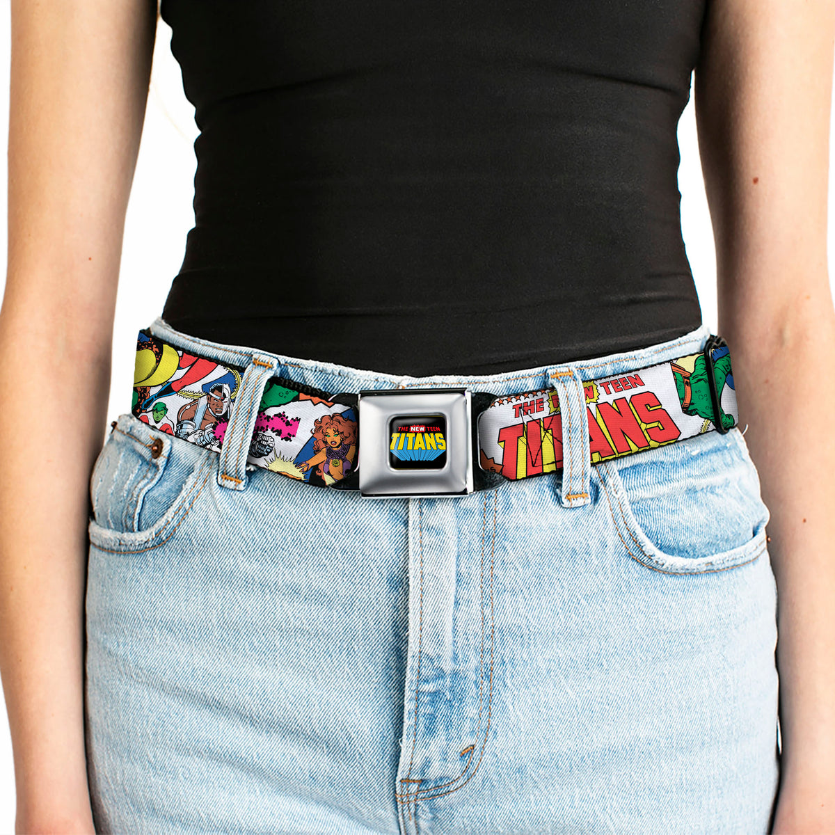 THE NEW TEEN TITANS Logo Full Color Black Red Blue Yellow Seatbelt Belt - THE NEW TEEN TITANS Issue #1 Superhero Cover Poses White Webbing Seatbelt Belts DC Comics