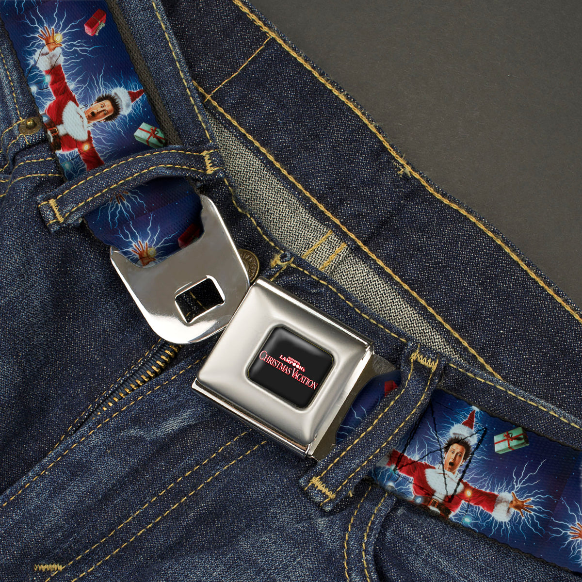 NATIONAL LAMPOON'S CHRISTMAS VACATION Title Logo Full Color Black Seatbelt Belt - National Lampoon's Christmas Vacation Santa Clark Shock Pose Webbing Seatbelt Belts National Lampoon's