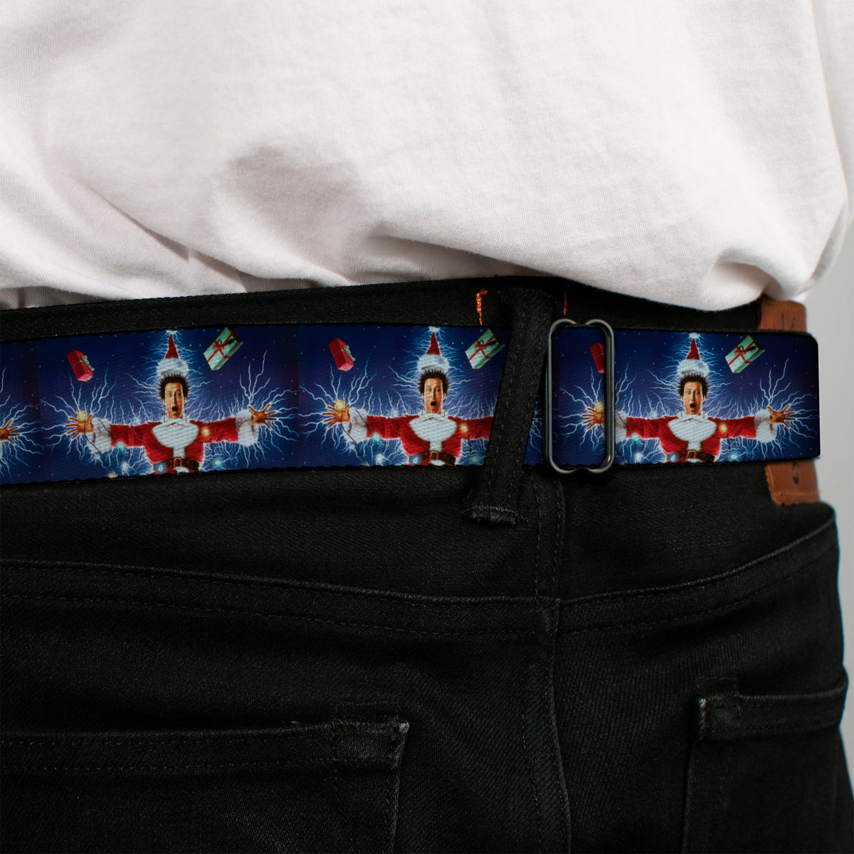 NATIONAL LAMPOON'S CHRISTMAS VACATION Title Logo Full Color Black Seatbelt Belt - National Lampoon's Christmas Vacation Santa Clark Shock Pose Webbing Seatbelt Belts National Lampoon's
