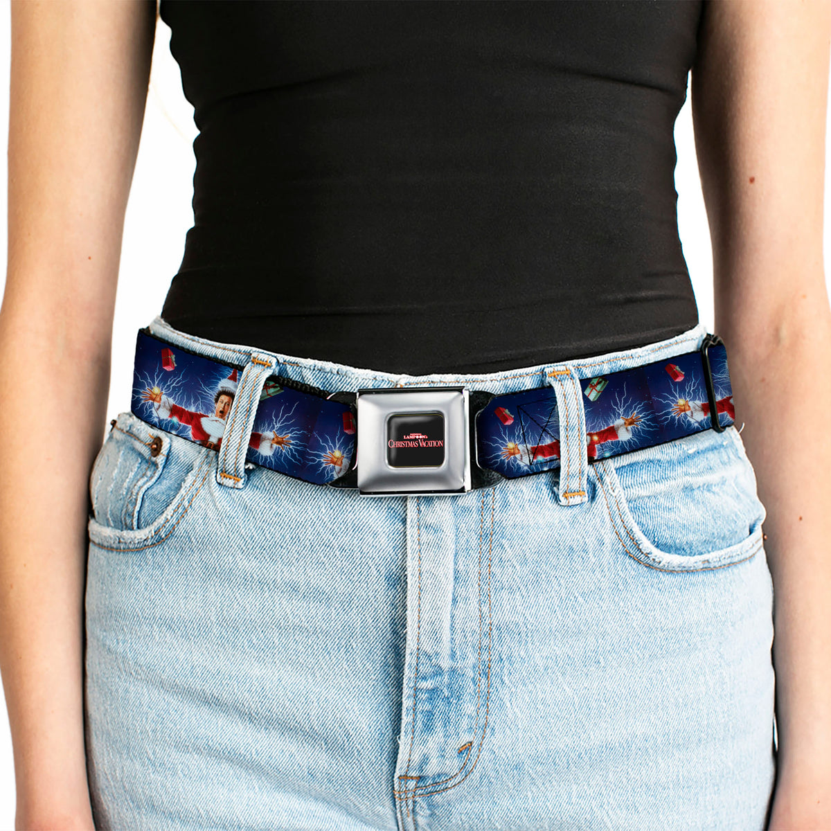 NATIONAL LAMPOON'S CHRISTMAS VACATION Title Logo Full Color Black Seatbelt Belt - National Lampoon's Christmas Vacation Santa Clark Shock Pose Webbing Seatbelt Belts National Lampoon's