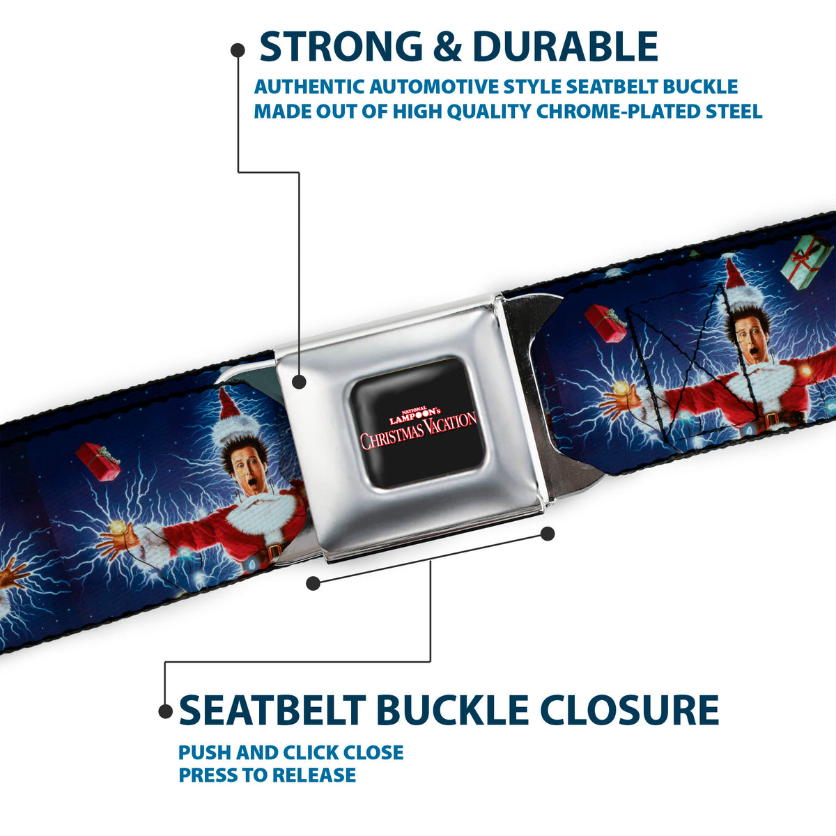 NATIONAL LAMPOON'S CHRISTMAS VACATION Title Logo Full Color Black Seatbelt Belt - National Lampoon's Christmas Vacation Santa Clark Shock Pose Webbing Seatbelt Belts National Lampoon's