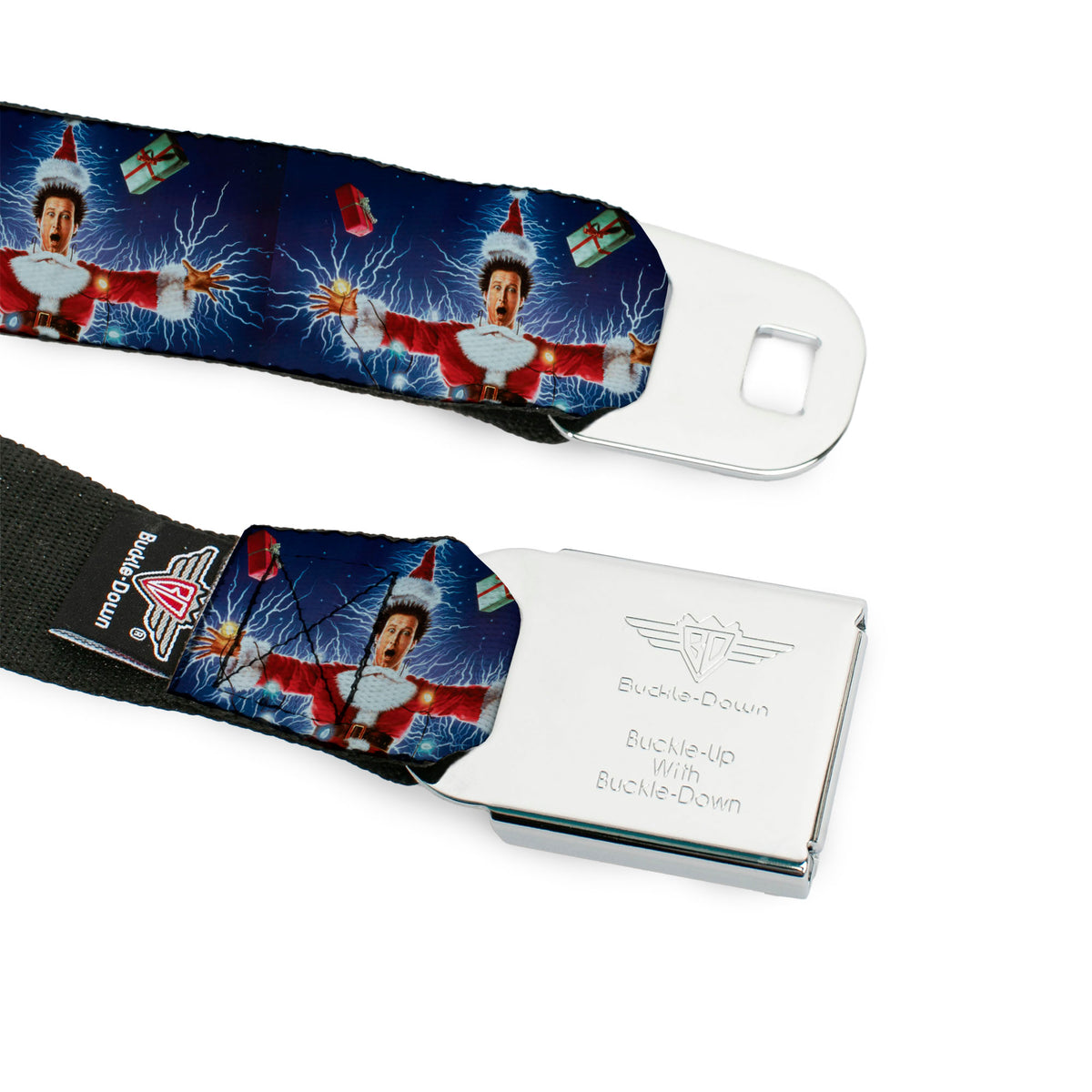 NATIONAL LAMPOON'S CHRISTMAS VACATION Title Logo Full Color Black Seatbelt Belt - National Lampoon's Christmas Vacation Santa Clark Shock Pose Webbing Seatbelt Belts National Lampoon's