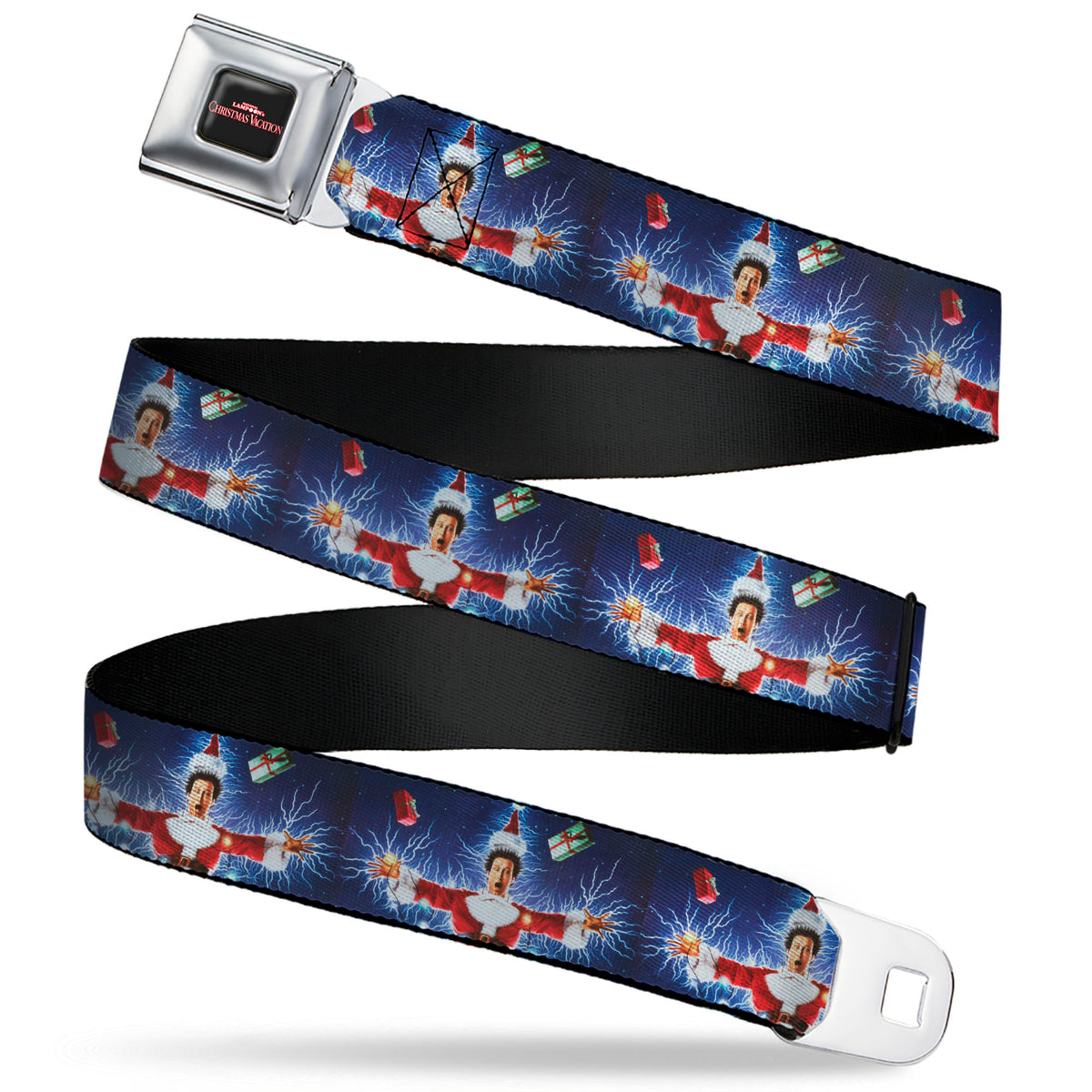 NATIONAL LAMPOON'S CHRISTMAS VACATION Title Logo Full Color Black Seatbelt Belt - National Lampoon's Christmas Vacation Santa Clark Shock Pose Webbing Seatbelt Belts National Lampoon's