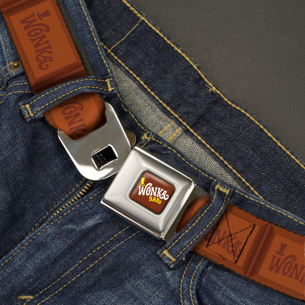 Willy Wonka and the Chocolate Factory WONKA BAR Logo Full Color Brown/Yellow/White Seatbelt Belt - Willy Wonka and the Chocolate Factory WONKA Chocolate Bar Browns Webbing Seatbelt Belts Willy Wonka and the Chocolate Factory