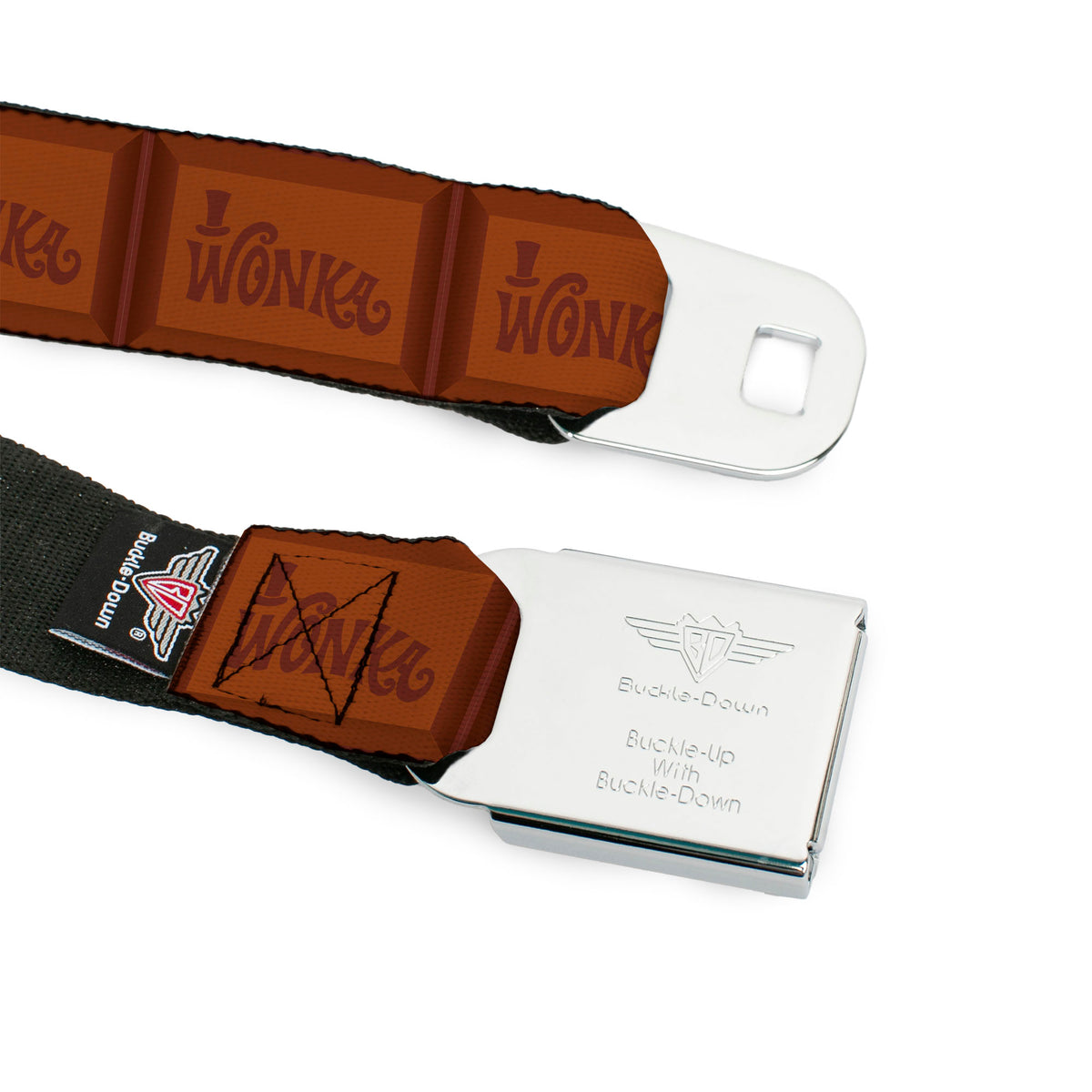Willy Wonka and the Chocolate Factory WONKA BAR Logo Full Color Brown/Yellow/White Seatbelt Belt - Willy Wonka and the Chocolate Factory WONKA Chocolate Bar Browns Webbing Seatbelt Belts Willy Wonka and the Chocolate Factory
