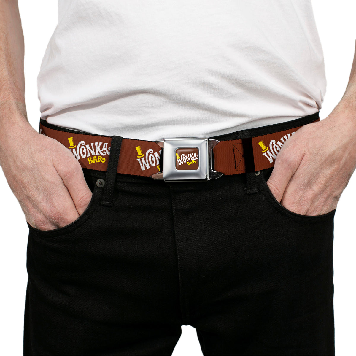 Willy Wonka and the Chocolate Factory WONKA BAR Logo Full Color Brown/Yellow/White Seatbelt Belt - Willy Wonka and the Chocolate Factory WONKA BAR Logo Brown/Yellow/White Webbing Seatbelt Belts Willy Wonka and the Chocolate Factory
