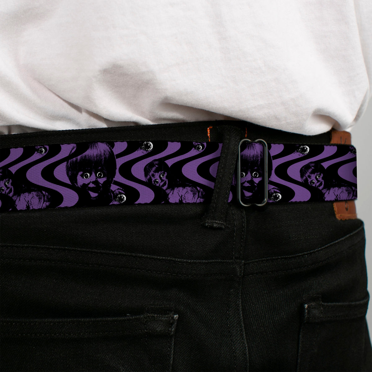 ANNABELLE Title Logo Full Color Black/White Seatbelt Belt - Annabelle Face and Eyeballs Squiggle Black/Purple Webbing Seatbelt Belts Annabelle