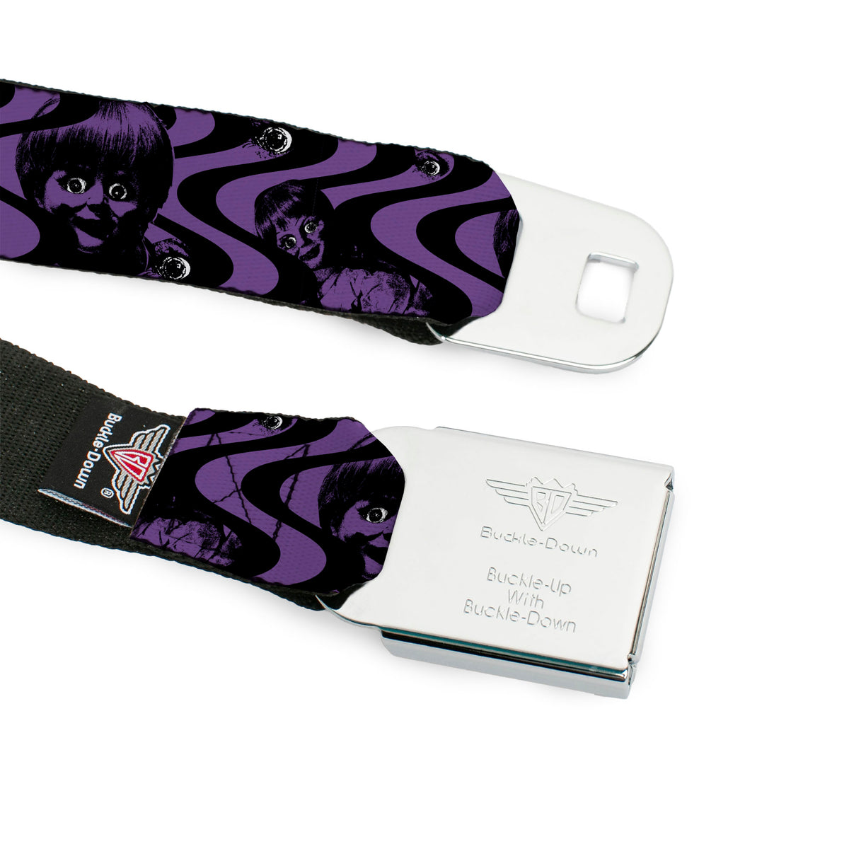 ANNABELLE Title Logo Full Color Black/White Seatbelt Belt - Annabelle Face and Eyeballs Squiggle Black/Purple Webbing Seatbelt Belts Annabelle