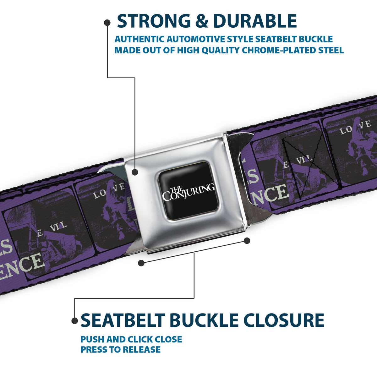 THE CONJURING Title Logo Full Color Black/White Seatbelt Belt - The Conjuring EVIL LOVES INNOCENSE Pose Blocks Purple/Black Webbing Seatbelt Belts The Conjuring