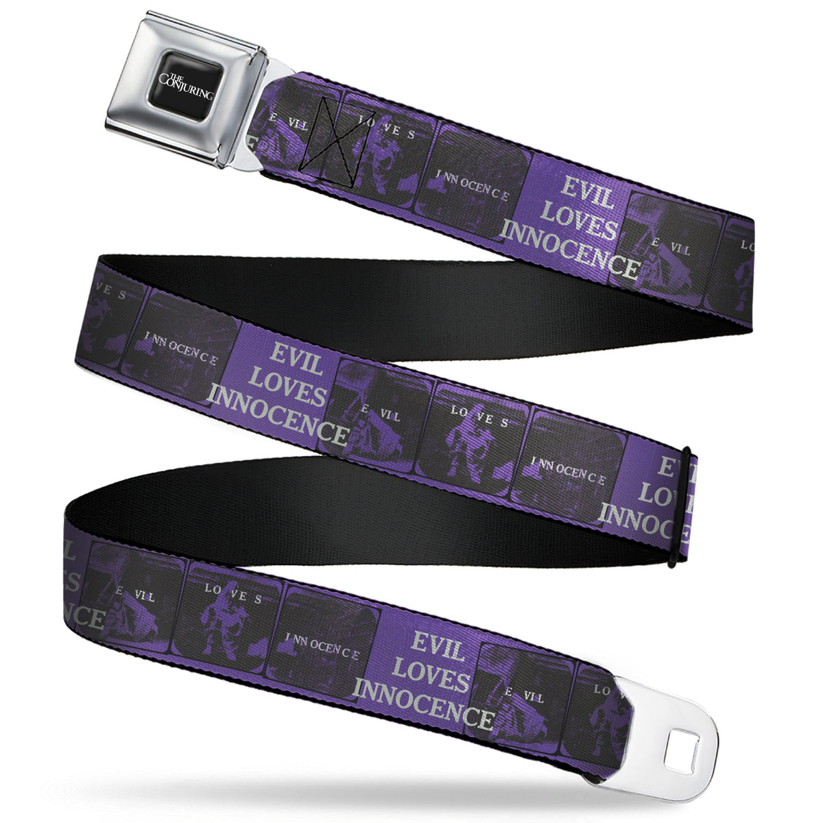 THE CONJURING Title Logo Full Color Black/White Seatbelt Belt - The Conjuring EVIL LOVES INNOCENSE Pose Blocks Purple/Black Webbing Seatbelt Belts The Conjuring