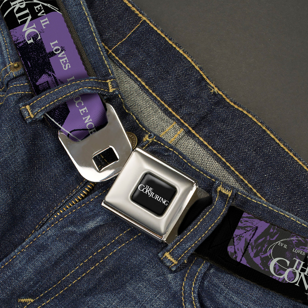 THE CONJURING Title Logo Full Color Black/White Seatbelt Belt - THE CONJURING EVIL LOVES INNOCENCE Purple/Black Webbing Seatbelt Belts The Conjuring